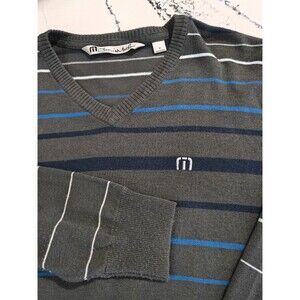 Travis Mathews Men's V-Neck Sweater Black Gray Striped Golf Pullover